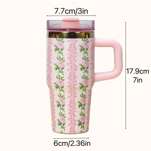 {NEW} 14oz Floral Pattern Stainless Steel Water Bottle Pink/Green - Picture 3 of 5